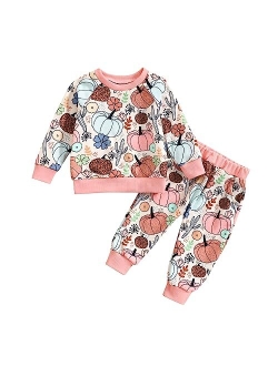 mdnhsb Toddler Baby Girl Clothes Flower Pumpkin Print Sweatshirts Elastic Waist Long Pants Sets Halloween Outfits