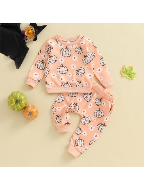 mdnhsb Toddler Baby Girl Clothes Flower Pumpkin Print Sweatshirts Elastic Waist Long Pants Sets Halloween Outfits