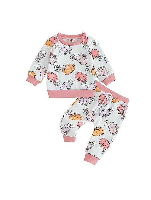 mdnhsb Toddler Baby Girl Clothes Flower Pumpkin Print Sweatshirts Elastic Waist Long Pants Sets Halloween Outfits