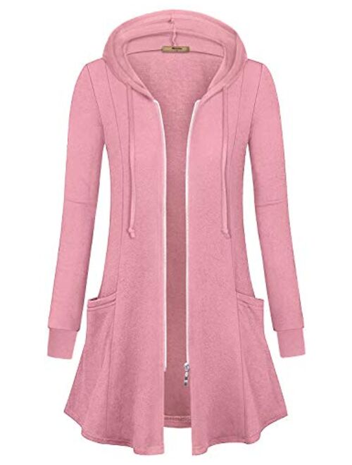 Miusey Womens Zip Up Long Hoodie Jacket Lightweight Tunic Sweatshirt Open Front Cardigan