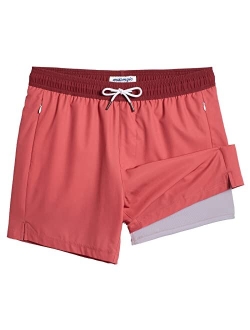 5inch Mens Swimming Trunks with Compression Liner 2-in-1 Swim Trunks Stretch Quick Dry Swim Shorts Zipper Pockets