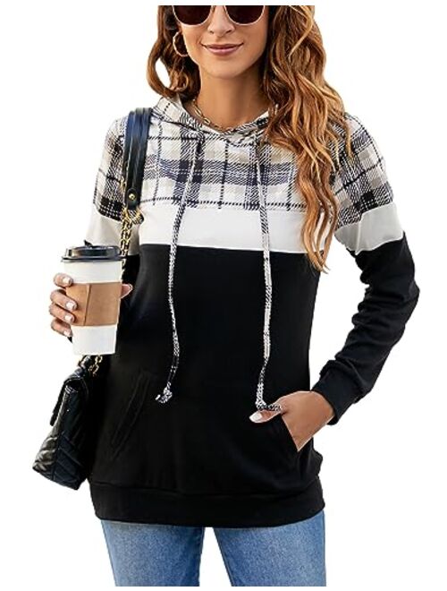 Bluetime Women Drawstring Pullover Hoodies Casual Long Sleeve Tops Color Block Sweatshirts with Pocket (S-XXL)