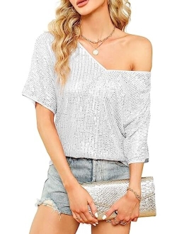 Maysteppe Women Sequin Top, Sexy V Neck Short Sleeve Sequin Shirt Glitter Party Disco Sparkle Top Blouse for Party Club Concert