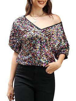 Maysteppe Women Sequin Top, Sexy V Neck Short Sleeve Sequin Shirt Glitter Party Disco Sparkle Top Blouse for Party Club Concert