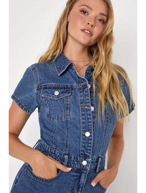 Lulus Ready to Charm Medium Wash Short Sleeve Denim Mini Dress