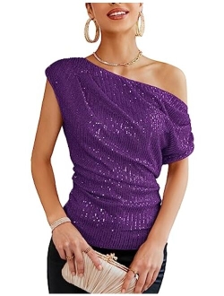 One Shoulder Sequin Sparkly Tops for Women Ruched Asymmetrical Glitter Tops Slimming Sparkle Party Shirts