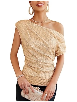 One Shoulder Sequin Sparkly Tops for Women Ruched Asymmetrical Glitter Tops Slimming Sparkle Party Shirts