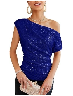 One Shoulder Sequin Sparkly Tops for Women Ruched Asymmetrical Glitter Tops Slimming Sparkle Party Shirts