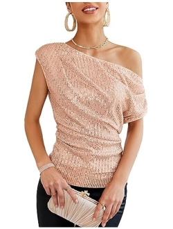 One Shoulder Sequin Sparkly Tops for Women Ruched Asymmetrical Glitter Tops Slimming Sparkle Party Shirts