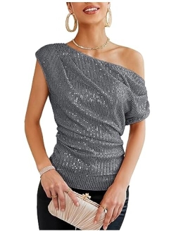 One Shoulder Sequin Sparkly Tops for Women Ruched Asymmetrical Glitter Tops Slimming Sparkle Party Shirts