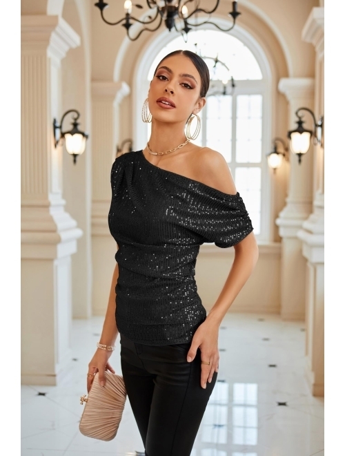 Buy GRACE KARIN One Shoulder Sequin Sparkly Tops for Women Ruched