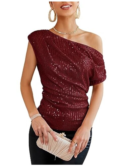 GRACE KARIN One Shoulder Sequin Sparkly Tops for Women Ruched Asymmetrical Glitter Tops Slimming Sparkle Party Shirts