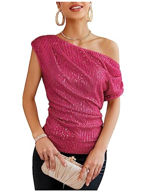 GRACE KARIN One Shoulder Sequin Sparkly Tops for Women Ruched Asymmetrical Glitter Tops Slimming Sparkle Party Shirts