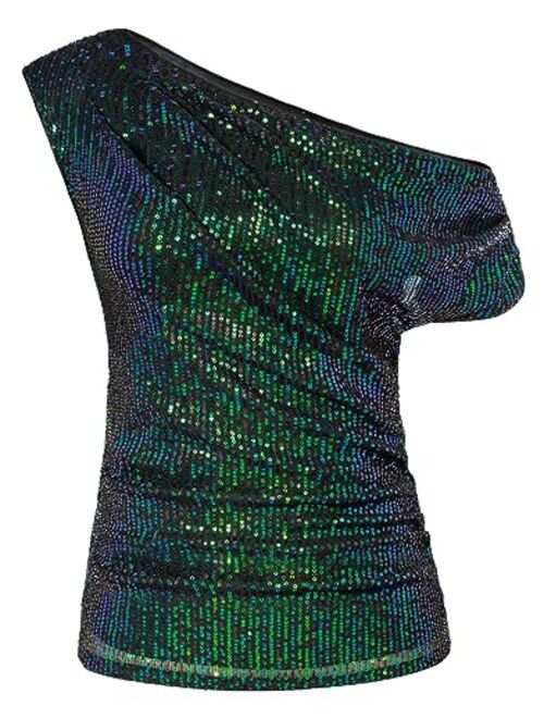 GRACE KARIN One Shoulder Sequin Sparkly Tops for Women Ruched Asymmetrical Glitter Tops Slimming Sparkle Party Shirts