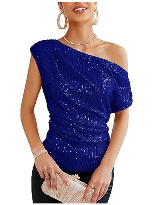 GRACE KARIN One Shoulder Sequin Sparkly Tops for Women Ruched Asymmetrical Glitter Tops Slimming Sparkle Party Shirts