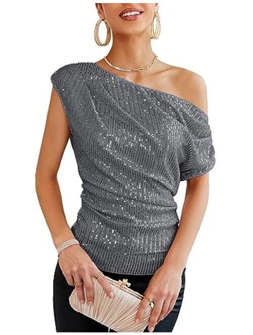 GRACE KARIN One Shoulder Sequin Sparkly Tops for Women Ruched Asymmetrical Glitter Tops Slimming Sparkle Party Shirts