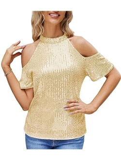 JASAMBAC Sequin Tops for Women Halter Neck Sparkle Glitter Party Night Tops Cold Shoulder Cocktail Disco Club Blouses