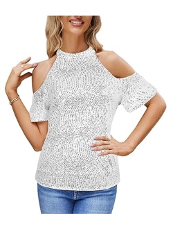 JASAMBAC Sequin Tops for Women Halter Neck Sparkle Glitter Party Night Tops Cold Shoulder Cocktail Disco Club Blouses