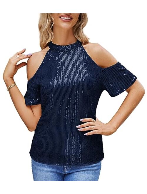 JASAMBAC Sequin Tops for Women Halter Neck Sparkle Glitter Party Night Tops Cold Shoulder Cocktail Disco Club Blouses