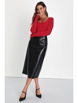 Bold Sophistication Brown Vegan Leather High-Rise Midi Skirt