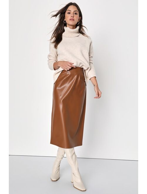 Lulus Bold Sophistication Brown Vegan Leather High-Rise Midi Skirt