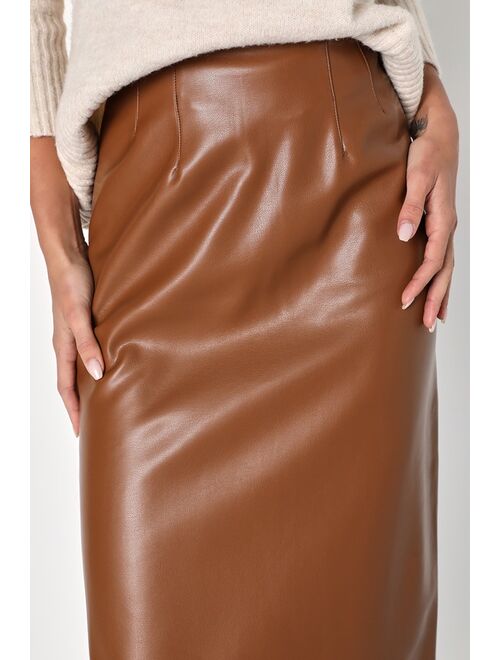 Lulus Bold Sophistication Brown Vegan Leather High-Rise Midi Skirt