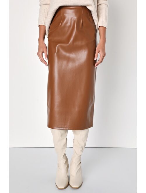 Lulus Bold Sophistication Brown Vegan Leather High-Rise Midi Skirt