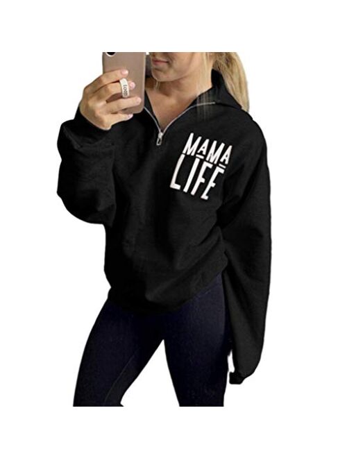 TAIUICY Women Mama Life Zip Up Pullover Sweatshirt Jacket High Collar Quarter 1/4 Zip Coat