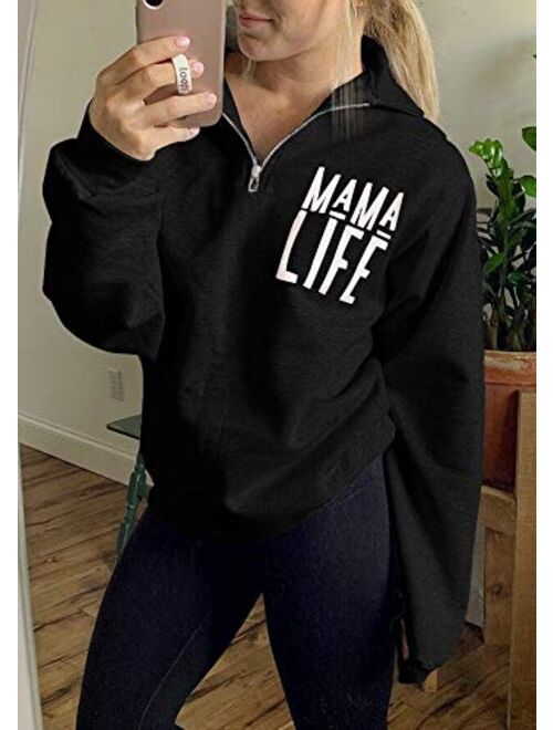 TAIUICY Women Mama Life Zip Up Pullover Sweatshirt Jacket High Collar Quarter 1/4 Zip Coat