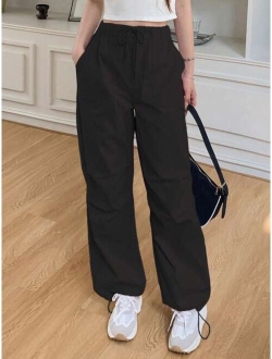 Solid Drawstring Waist Slant Pocket Pants