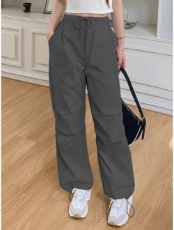 Solid Drawstring Waist Slant Pocket Pants