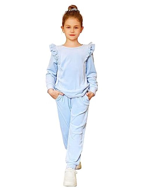 Arshiner Girls 2 Piece Outfits Velour Tracksuit Cute Clothes Sweatsuit Ruffle Pullover Sweatshirt Sweatpants Clothing Sets