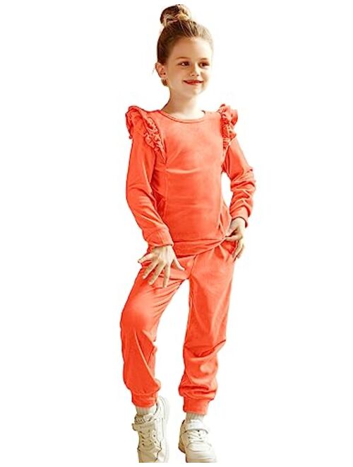 Arshiner Girls 2 Piece Outfits Velour Tracksuit Cute Clothes Sweatsuit Ruffle Pullover Sweatshirt Sweatpants Clothing Sets