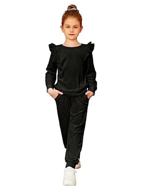 Arshiner Girls 2 Piece Outfits Velour Tracksuit Cute Clothes Sweatsuit Ruffle Pullover Sweatshirt Sweatpants Clothing Sets