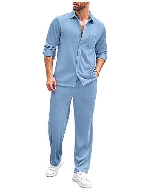 COOFANDY Men's 2 Piece Outfits Casual Long Sleeve Button Down Shirt and Pants Sets Loungewear Streetwear Walking Suits