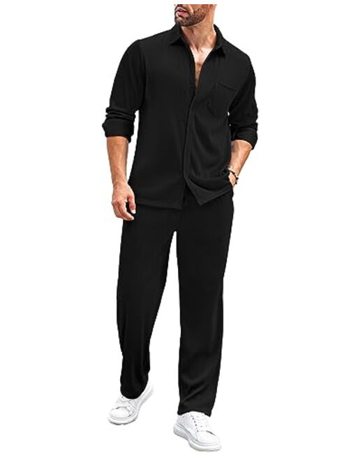 COOFANDY Men's 2 Piece Outfits Casual Long Sleeve Button Down Shirt and Pants Sets Loungewear Streetwear Walking Suits