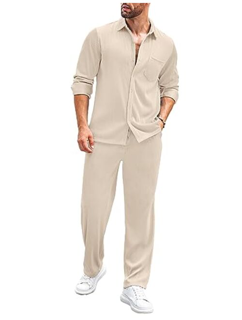 COOFANDY Men's 2 Piece Outfits Casual Long Sleeve Button Down Shirt and Pants Sets Loungewear Streetwear Walking Suits