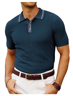 Mens Knitted Polo Shirts Short Sleeve Textured Pullover Golf Polo T Shirts