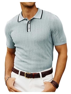 Mens Knitted Polo Shirts Short Sleeve Textured Pullover Golf Polo T Shirts