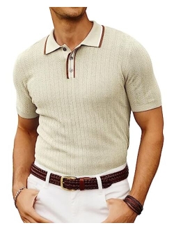 Mens Knitted Polo Shirts Short Sleeve Textured Pullover Golf Polo T Shirts