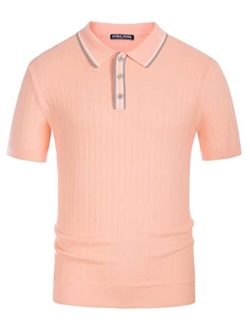 Mens Knitted Polo Shirts Short Sleeve Textured Pullover Golf Polo T Shirts