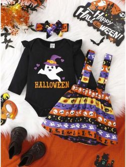 Baby Girl Halloween Print Ruffle Trim Bodysuit & Pinafore Skirt & Headband