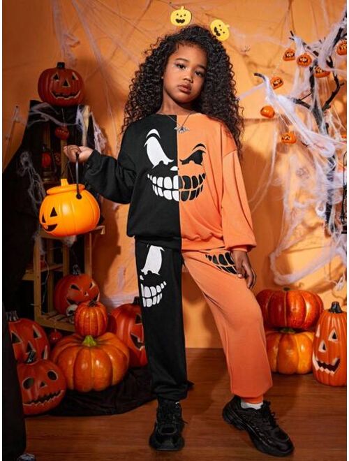 SHEIN Kids Cooltwn Tween Girl Two Tone Halloween Print Drop Shoulder Hoodie & Sweatpants