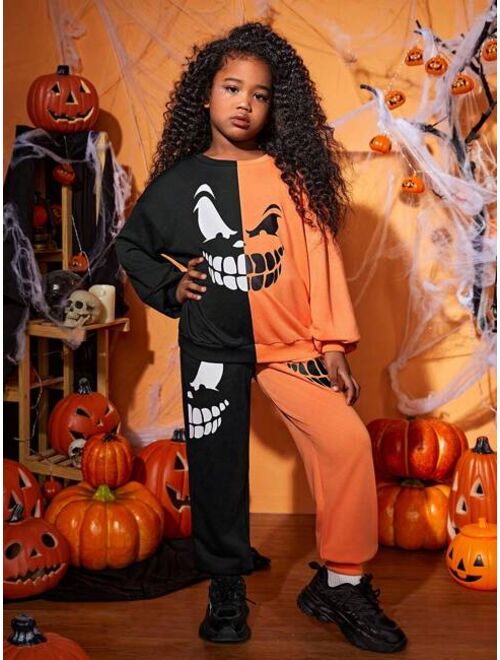 SHEIN Kids Cooltwn Tween Girl Two Tone Halloween Print Drop Shoulder Hoodie & Sweatpants