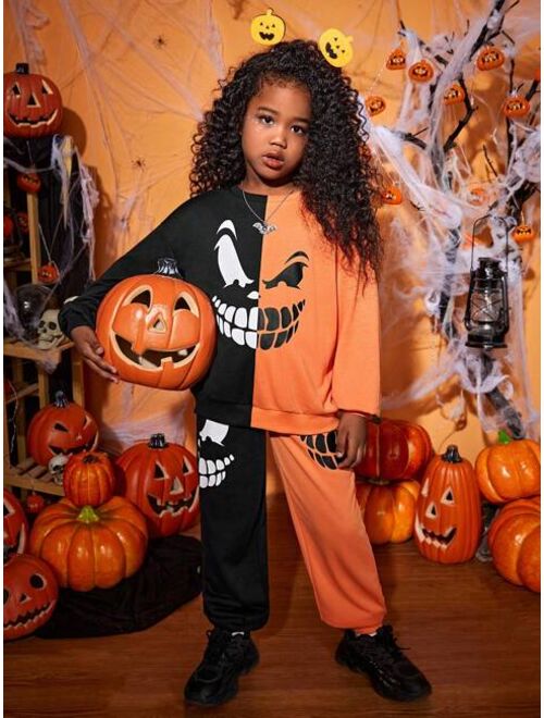 SHEIN Kids Cooltwn Tween Girl Two Tone Halloween Print Drop Shoulder Hoodie & Sweatpants