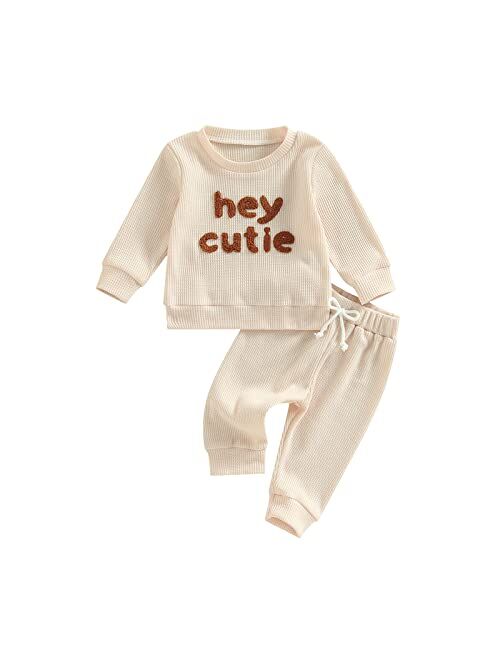 Rsrzrcj Kids Toddler Baby Girl Fall Winter Clothes Waffle Knit Long Sleeve Pullover Sweatshirt Top and Pants 2PCS Outfits Set