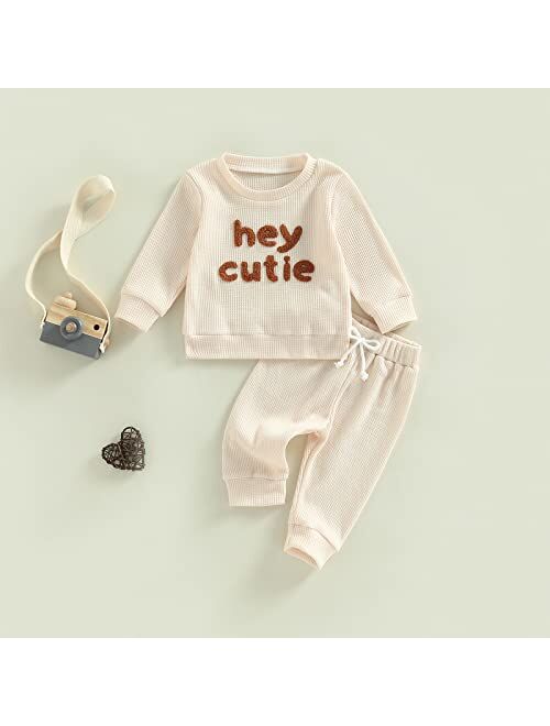 Rsrzrcj Kids Toddler Baby Girl Fall Winter Clothes Waffle Knit Long Sleeve Pullover Sweatshirt Top and Pants 2PCS Outfits Set