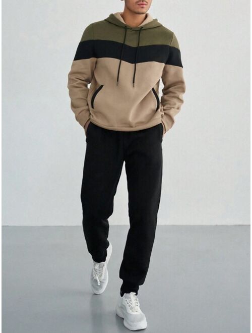 DAZY Men Colorblock Drawstring Hoodie & Sweatpants