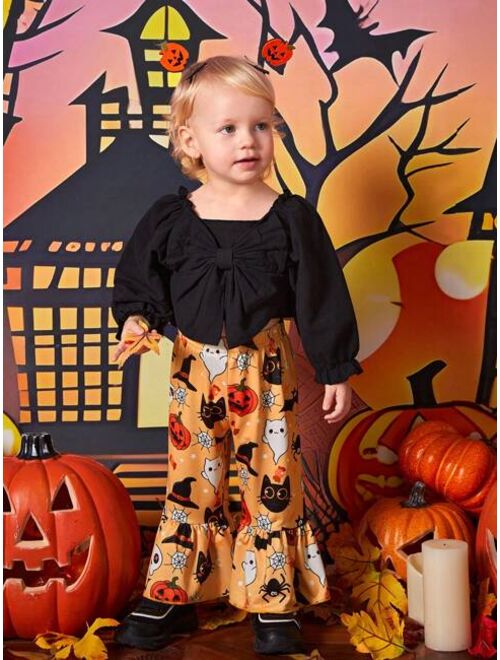 SHEIN Baby Girl Bow Front Flounce Sleeve Top & Halloween Print Flare Leg Pants