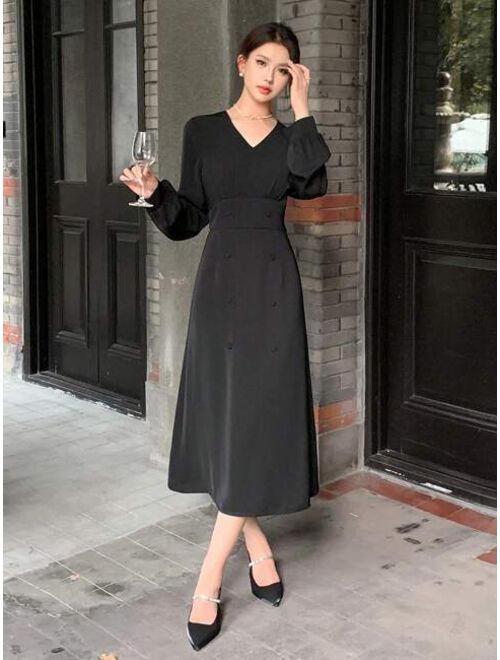 DAZY Solid V Neck Lantern Sleeve Dress